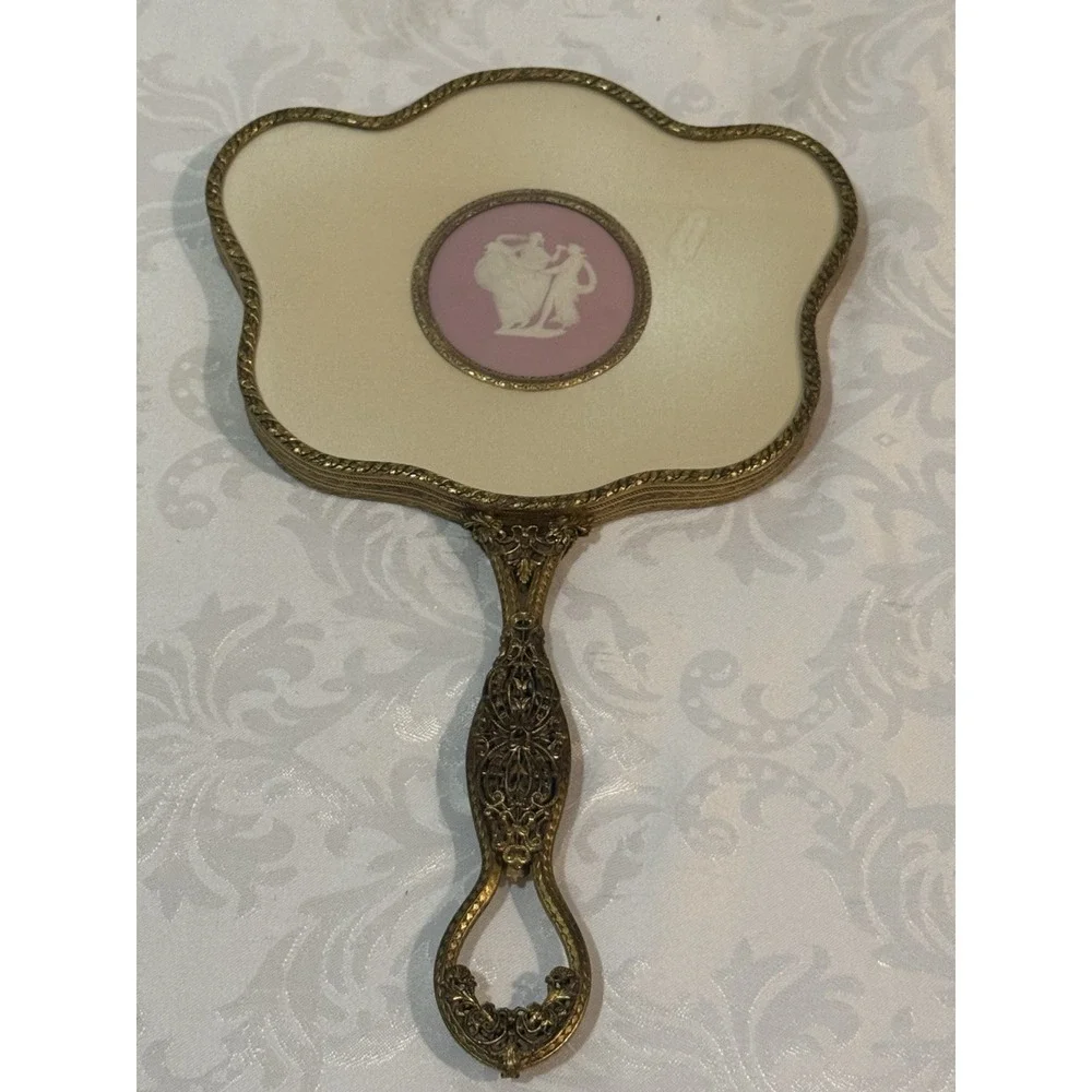 Vintage French Hand Held Courting Mirror jasperware Wedgwood-Style Medallion